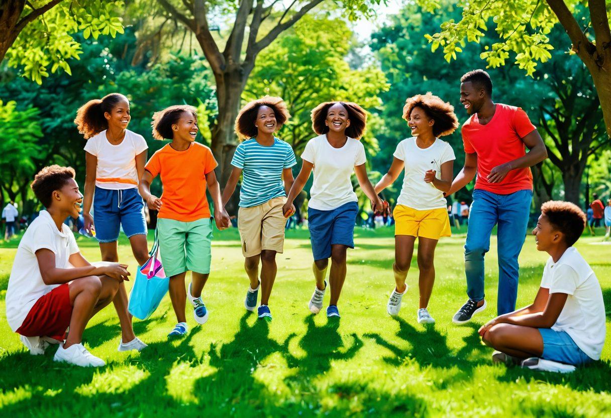 A joyful scene depicting diverse individuals engaged in playful activities, such as laughing together and sharing resources in a lush green park. The background features children playing, symbolizing innocence and freedom, while adults support each other in a vibrant community setting. Bright colors and warm lighting convey a sense of positivity and connection. This image should evoke feelings of generosity, joy, and the spirit of togetherness. vibrant colors. super-realistic.