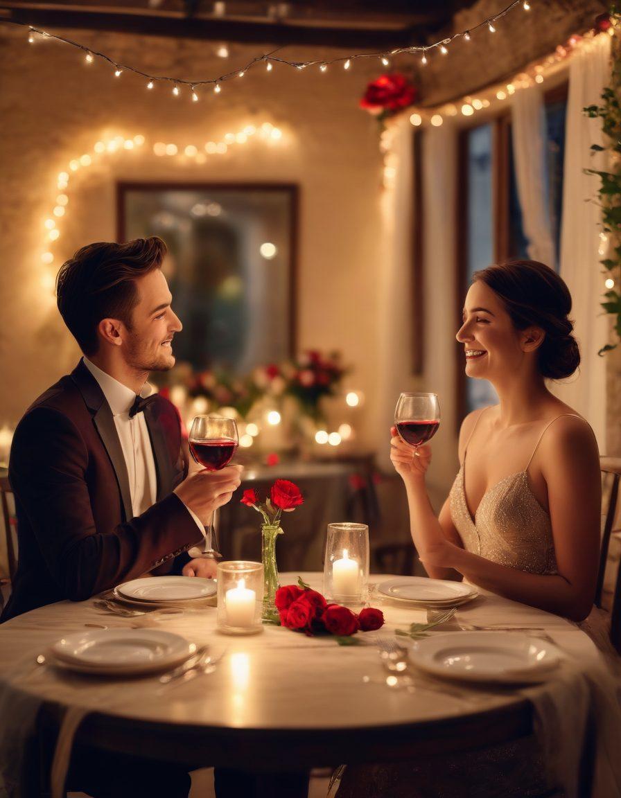 A cozy, intimate setting featuring a softly lit candlelit dinner table adorned with red roses and delicate wine glasses. In the background, a couple is sharing a heartfelt moment, laughing and gazing deeply into each other's eyes, capturing the essence of passionate romance. The ambiance radiates warmth and devotion, with twinkling fairy lights overhead that enhance the romantic atmosphere. A soft bokeh effect surrounds the scene, adding to its enchantment. super-realistic. warm tones. soft focus.