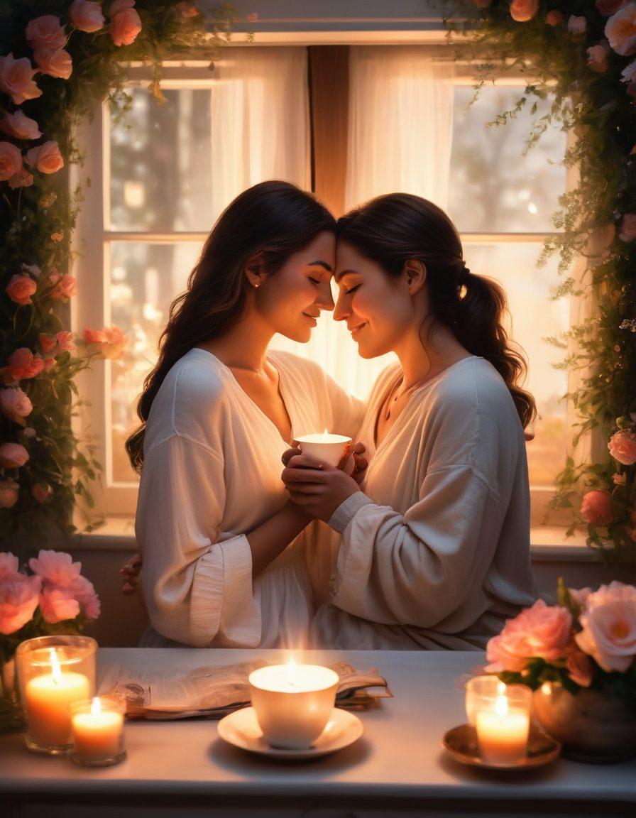 A cozy scene of a couple sharing a warm embrace, surrounded by soft, glowing candlelight and blooming flowers, symbolizing affection and joy. Include elements like a heart-shaped artwork in the background and a steaming cup of tea to enhance the intimate atmosphere. The couple's expressions radiate love and connection. soft colors. romantic lighting. painterly style.